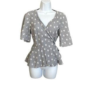 LOFT Blue White Striped Polka Dot Wrap Peplum Top Cotton Blend Short Bell Sleeve